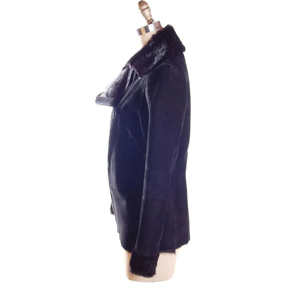 Vintage Womens Black  Pony/Suede Asymmetrical  Zipper Jacket 1970s Italy  App.Size 6