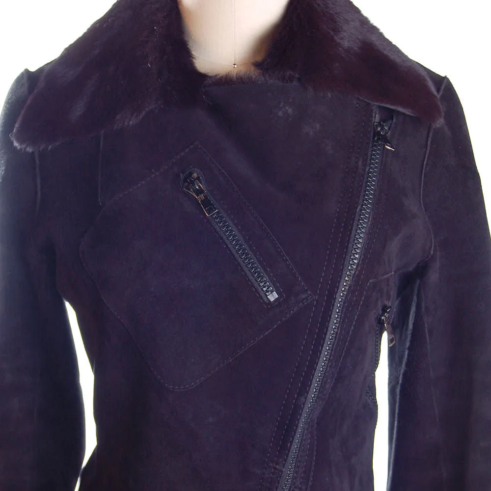 Vintage Womens Black  Pony/Suede Asymmetrical  Zipper Jacket 1970s Italy  App.Size 6