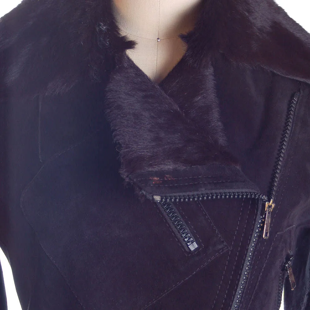 Vintage Womens Black  Pony/Suede Asymmetrical  Zipper Jacket 1970s Italy  App.Size 6