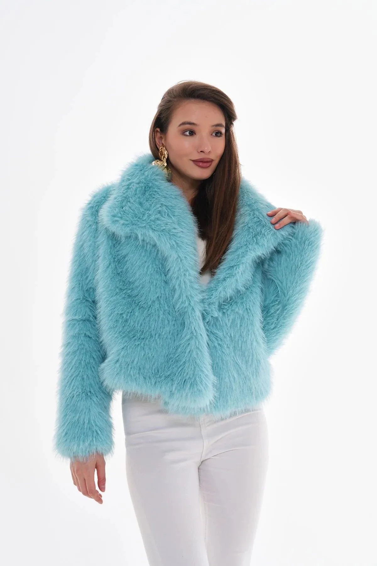 Wide Collar Faux Fur Coat – Light Blue