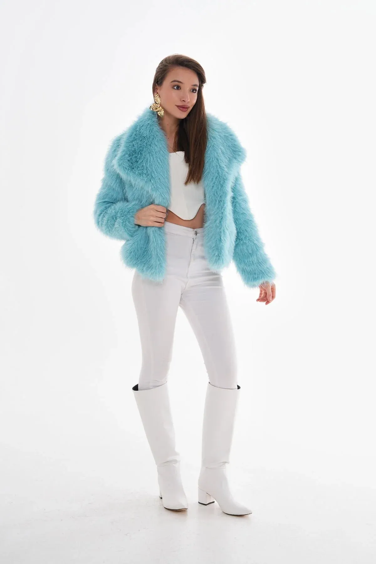 Wide Collar Faux Fur Coat – Light Blue