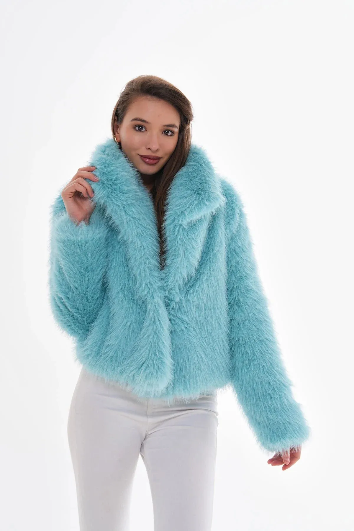 Wide Collar Faux Fur Coat – Light Blue