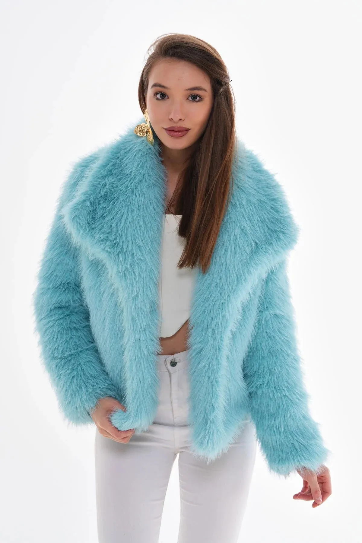 Wide Collar Faux Fur Coat – Light Blue