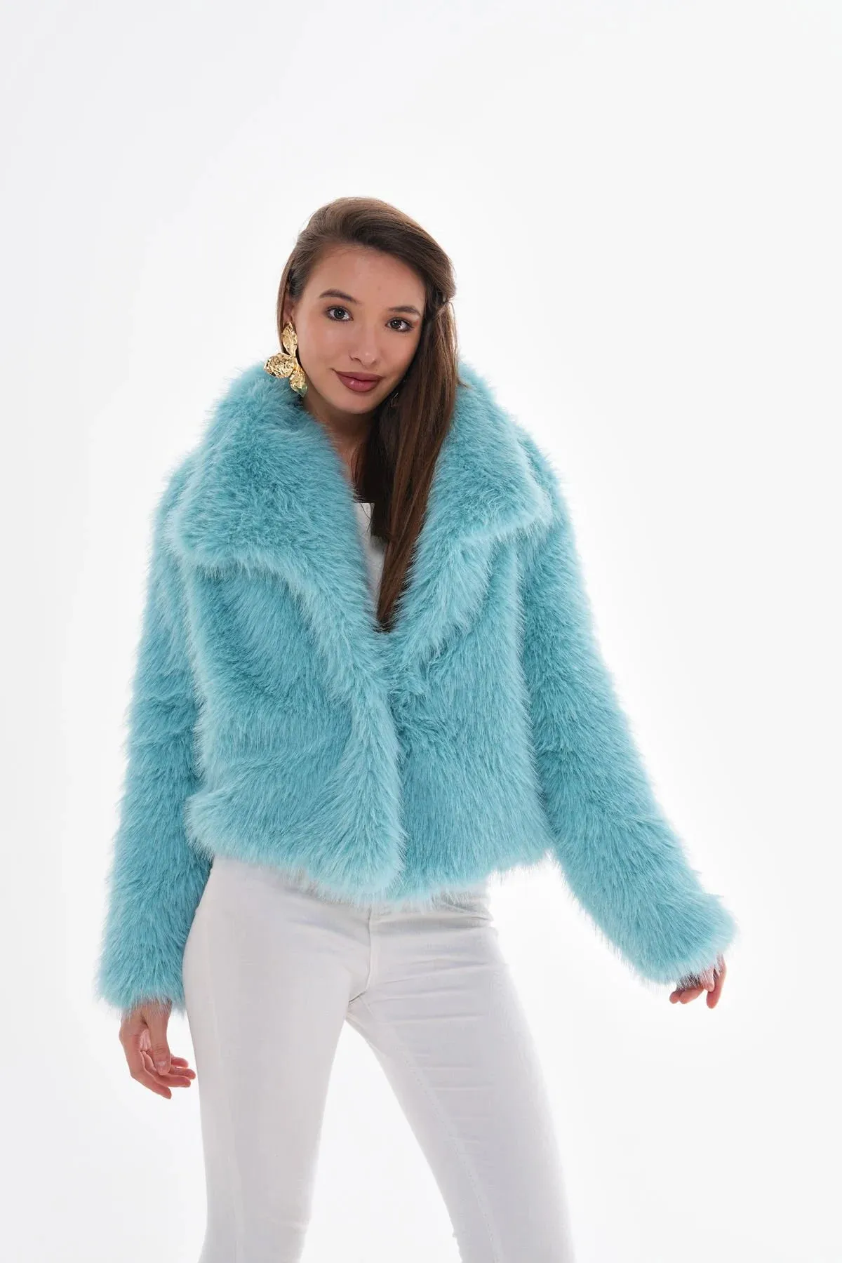 Wide Collar Faux Fur Coat – Light Blue