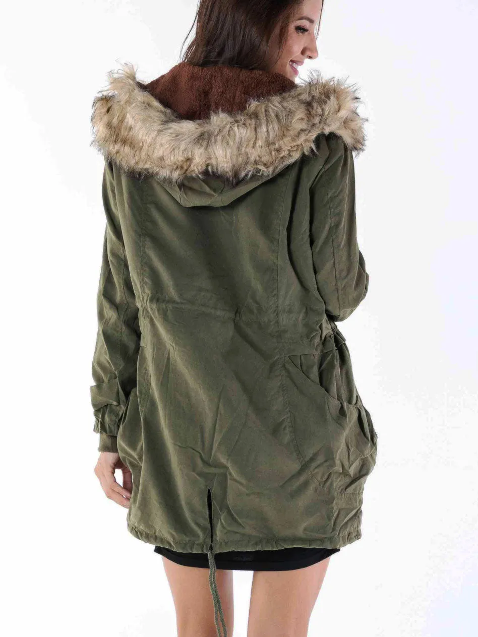 Winter Army Green Coat Fur Collar Hooded Padded Cotton Padded Cotton Women