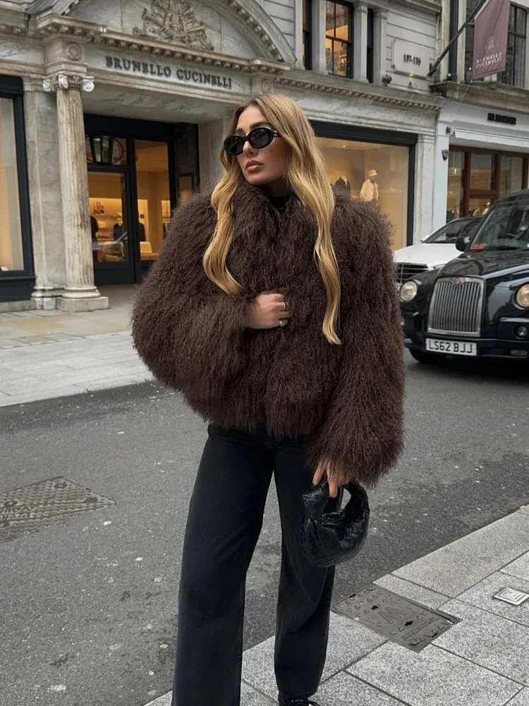Winter New Fashion Solid Fluffy Fur Coat Women High Street Luxury Lapel Collar Faux Fur Jacket Female Casual Overcoats