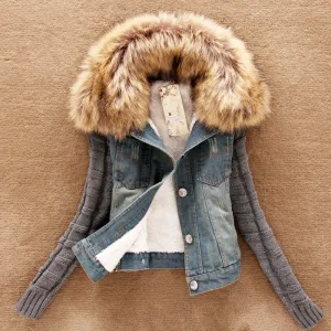 winter women fashion denim jacket Movable furs collar Wool coat Bomber Jacket jean women basic coats
