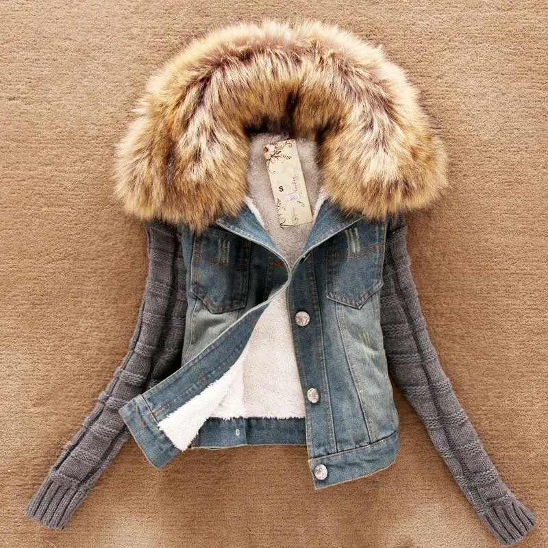winter women fashion denim jacket Movable furs collar Wool coat Bomber Jacket jean women basic coats
