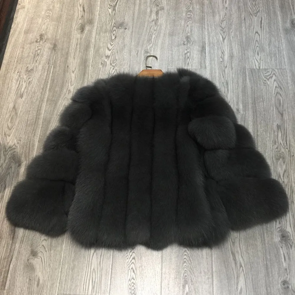 Winter Women Real Fox Fur Coat Dark Grey Crop Jacket