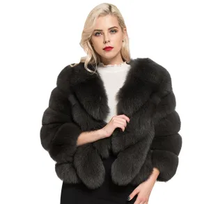 Winter Women Real Fox Fur Coat Dark Grey Crop Jacket
