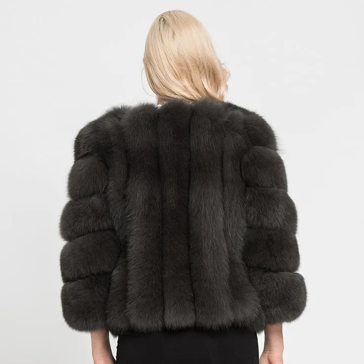 Winter Women Real Fox Fur Coat Dark Grey Crop Jacket