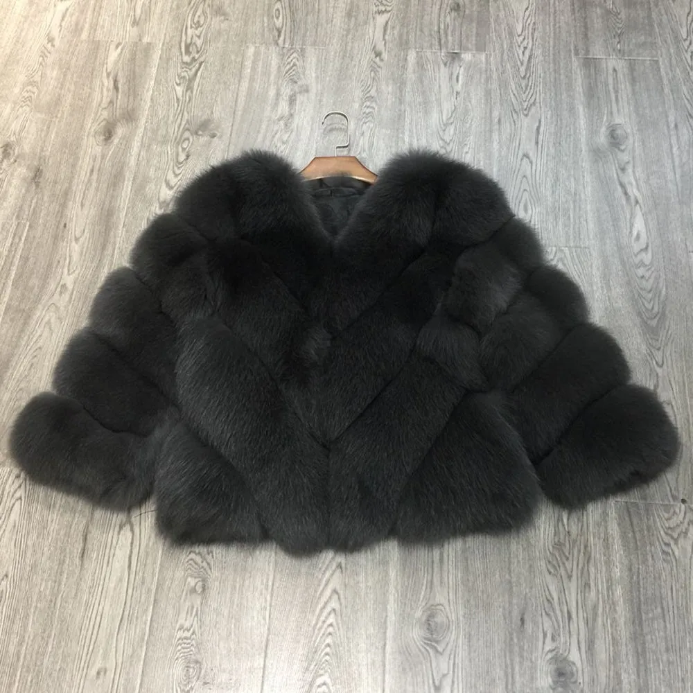 Winter Women Real Fox Fur Coat Dark Grey Crop Jacket