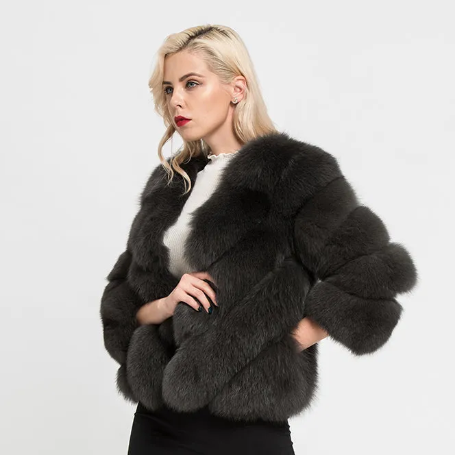 Winter Women Real Fox Fur Coat Dark Grey Crop Jacket