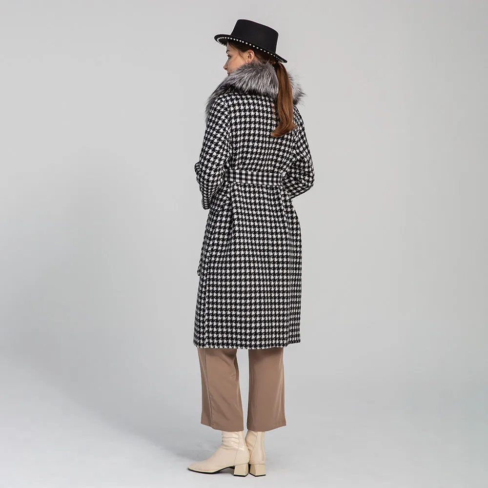 Winter Women Real Fox Fur Collar Trench Coat Houndstooth Long Wool Jacket