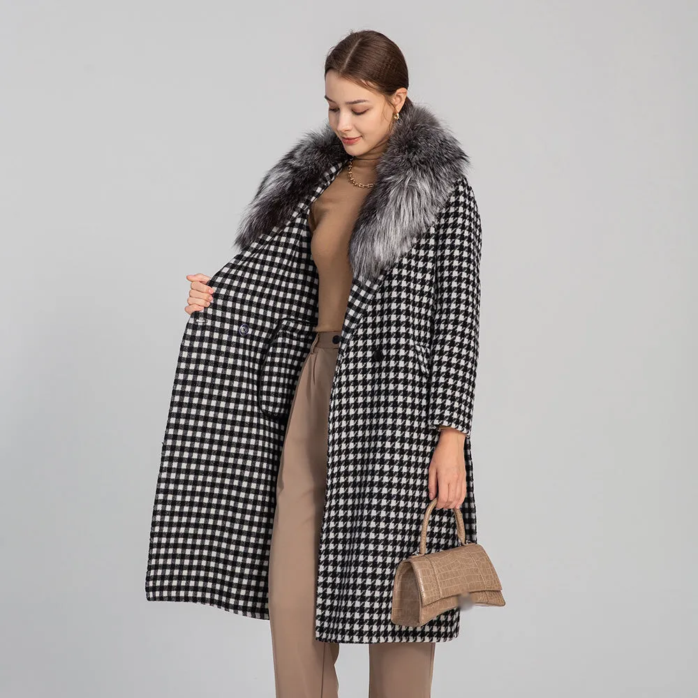 Winter Women Real Fox Fur Collar Trench Coat Houndstooth Long Wool Jacket