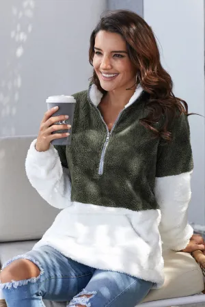 Women Atrovirens White Zip Neck Oversize Fluffy Fleece Pullover