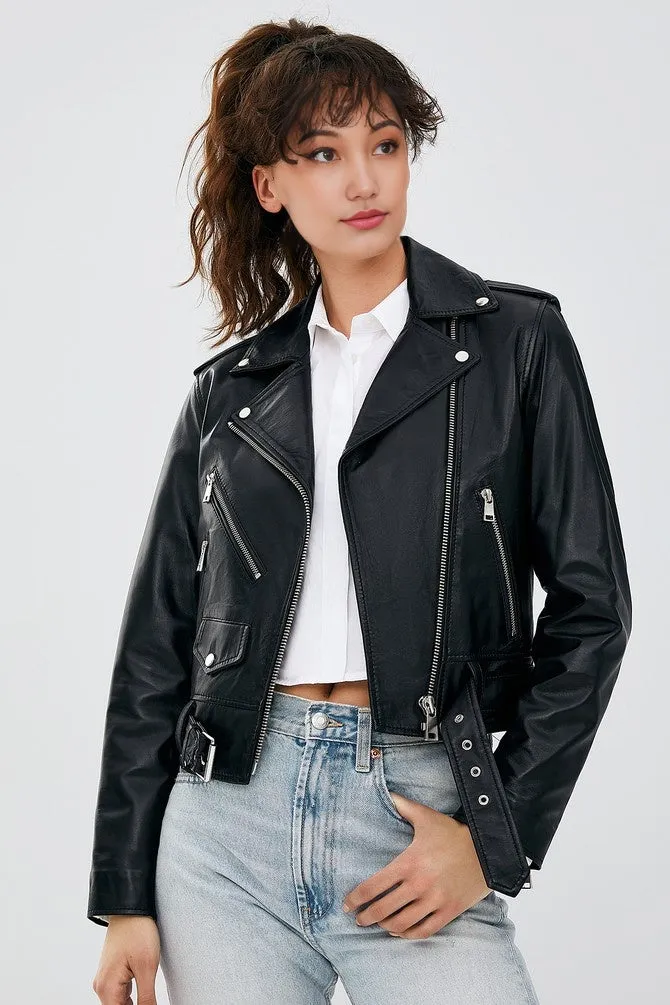 WOMEN BLACK LEATHER JACKET WITH ZIP CLOSER AND DOWN BELT AND POCKETS