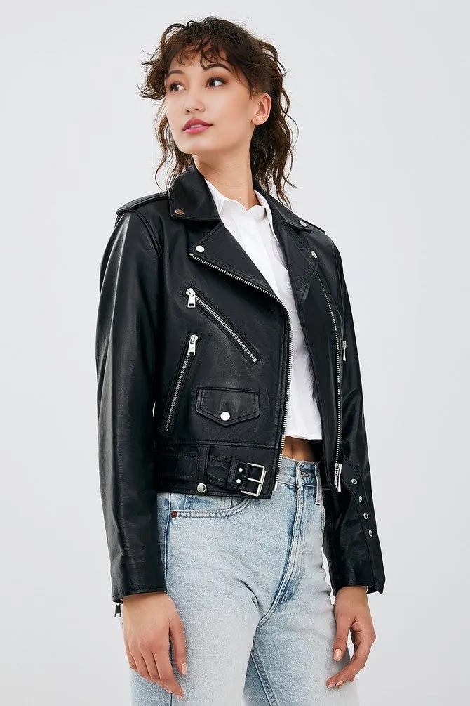 WOMEN BLACK LEATHER JACKET WITH ZIP CLOSER AND DOWN BELT AND POCKETS