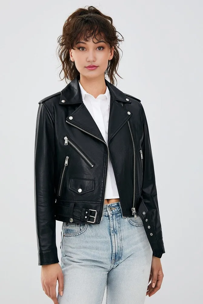 WOMEN BLACK LEATHER JACKET WITH ZIP CLOSER AND DOWN BELT AND POCKETS
