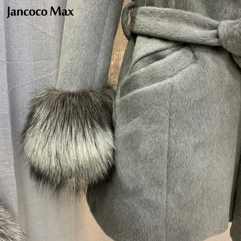Women Fashion Fur Coat Silver Fox Collar Wool Coats Winter Long Jackets