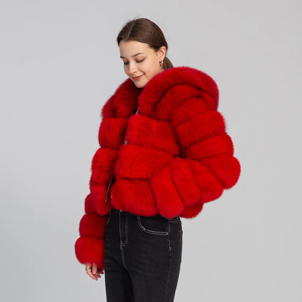 Women Four Rows Fox Fur Coat With Hood Full Sleeves