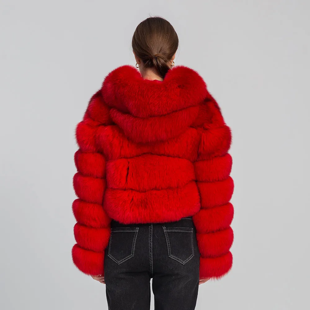 Women Four Rows Fox Fur Coat With Hood Full Sleeves