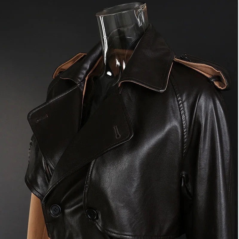 Women Khaki Pu Leather Long Trench