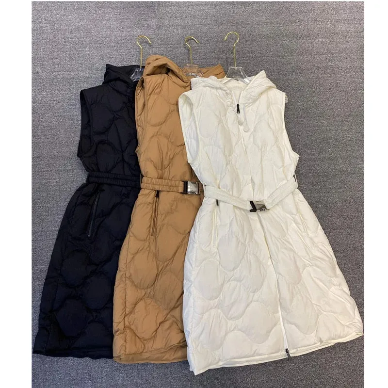 Women Long Down Coats  Zipper up 90% White Duck