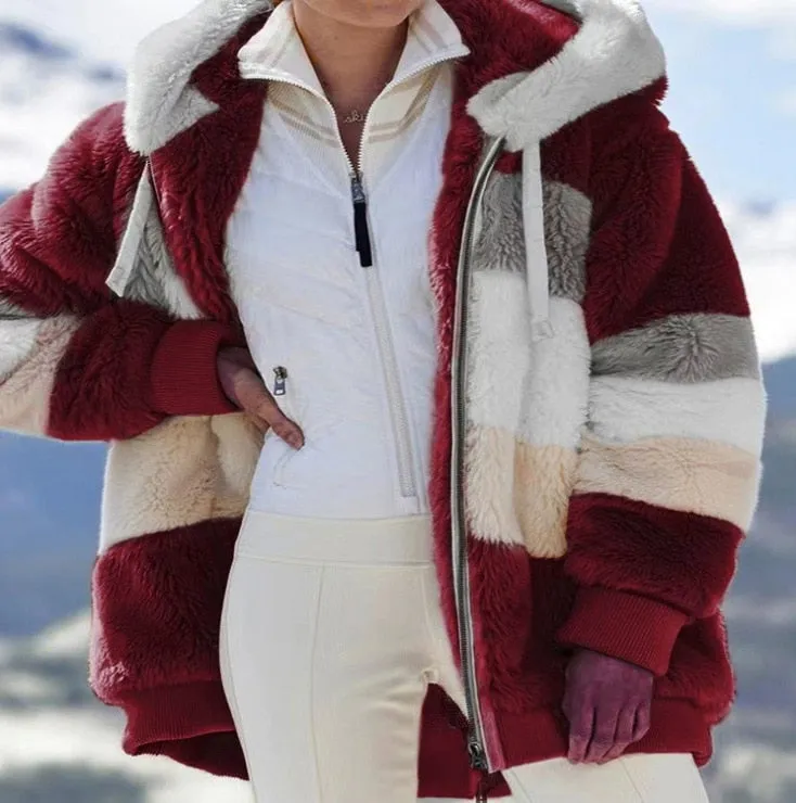 Women Long Warm Oversized Teddy Bear Coat Thick Fleece Faux Fur Hooded Jacket