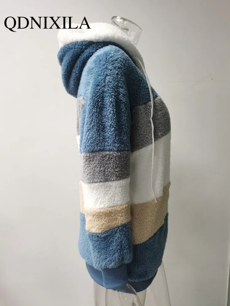 Women Long Warm Oversized Teddy Bear Coat Thick Fleece Faux Fur Hooded Jacket