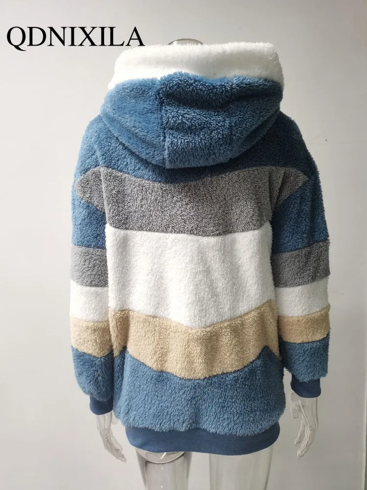 Women Long Warm Oversized Teddy Bear Coat Thick Fleece Faux Fur Hooded Jacket