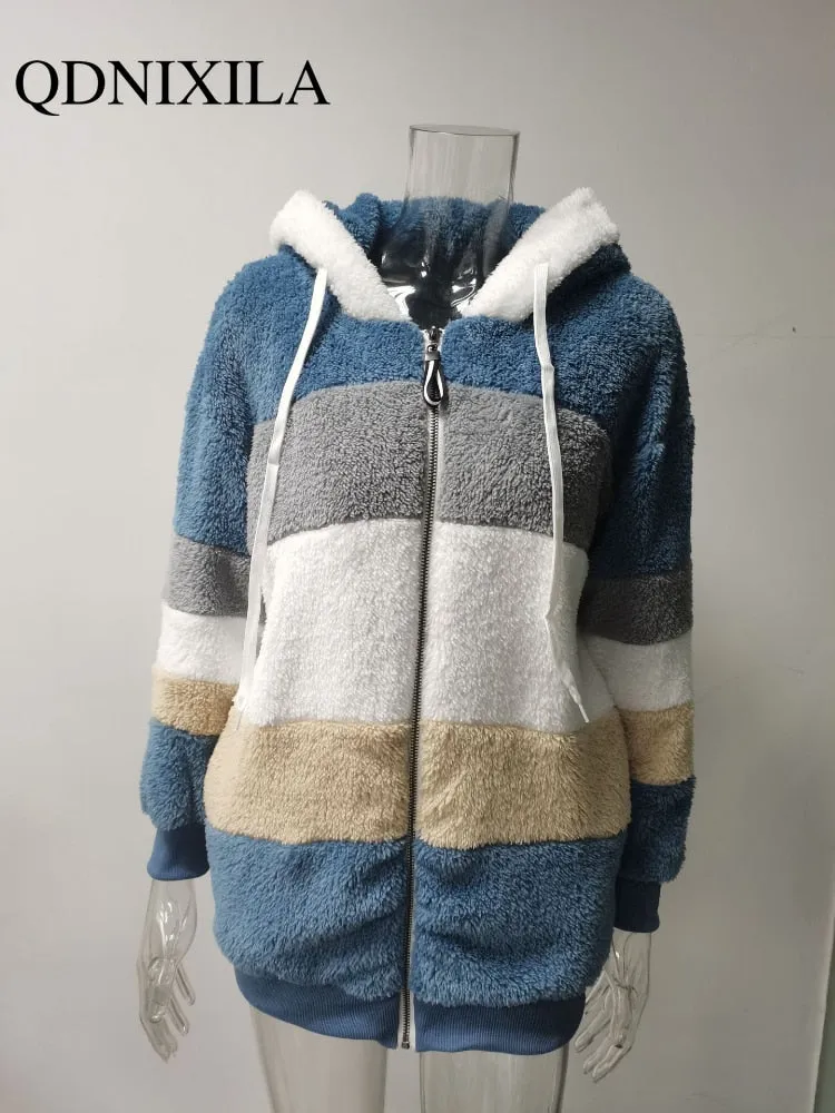 Women Long Warm Oversized Teddy Bear Coat Thick Fleece Faux Fur Hooded Jacket