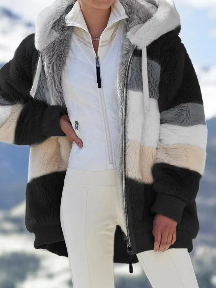 Women Long Warm Oversized Teddy Bear Coat Thick Fleece Faux Fur Hooded Jacket