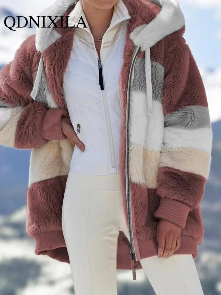 Women Long Warm Oversized Teddy Bear Coat Thick Fleece Faux Fur Hooded Jacket