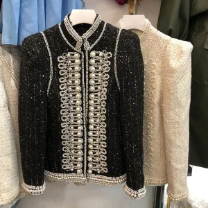 Women Luxury Beads Diamonds Tweed Coat