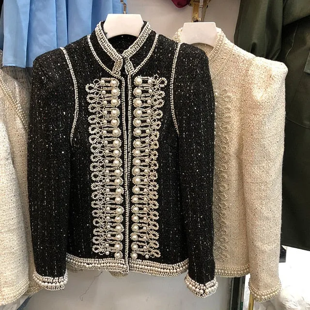 Women Luxury Beads Diamonds Tweed Coat