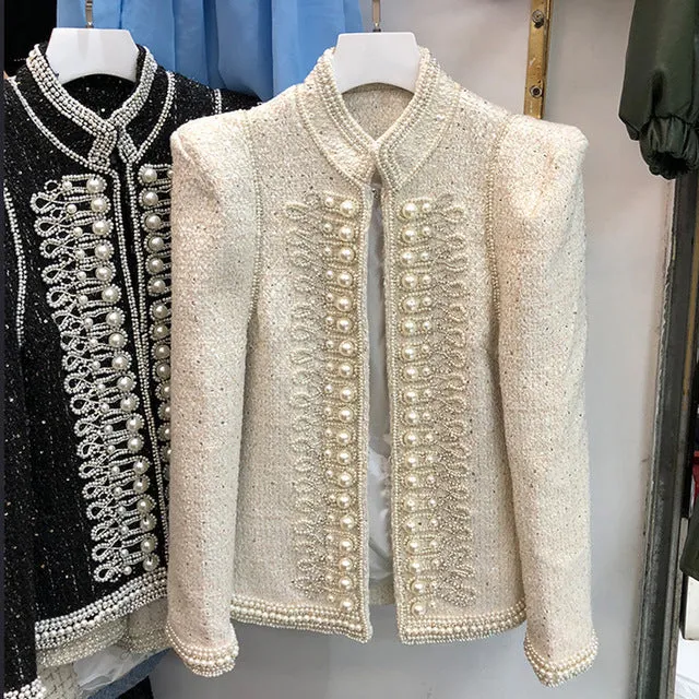 Women Luxury Beads Diamonds Tweed Coat