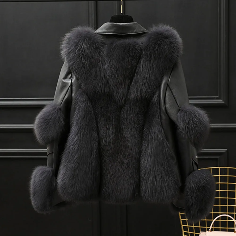 Women Luxury Fox Fur Coats Winter Fashion Thick Warm Leather Jacket
