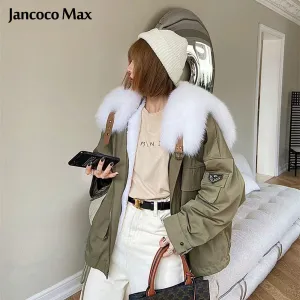 Women Luxury Real Fox Fur Coats Thick Warm Rex Rabbit Fur Lining Fur Parka