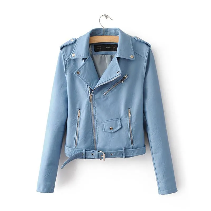 Women PU Leather Jackets Lady Slim Fit Motorcycle Zipper Black Coat Drop