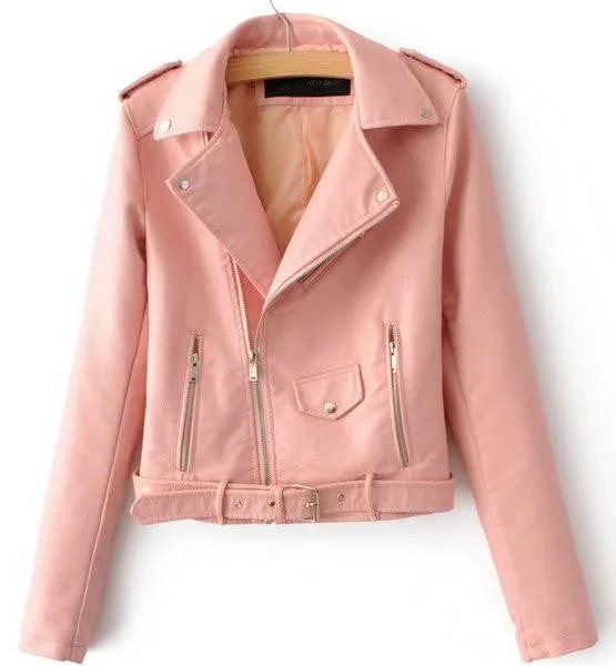 Women PU Leather Jackets Lady Slim Fit Motorcycle Zipper Black Coat Drop