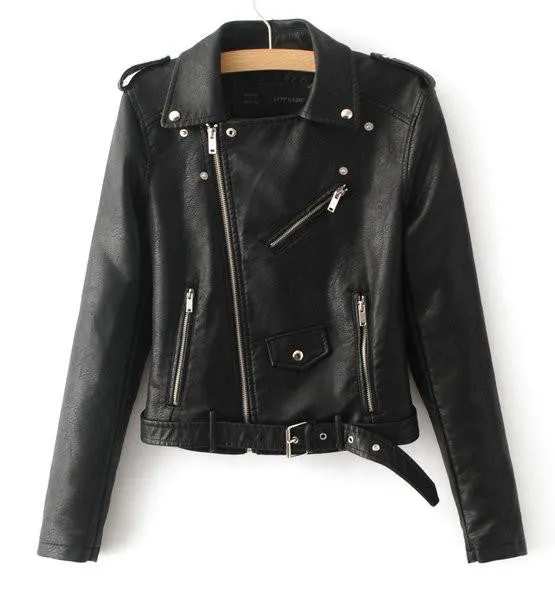 Women PU Leather Jackets Lady Slim Fit Motorcycle Zipper Black Coat Drop