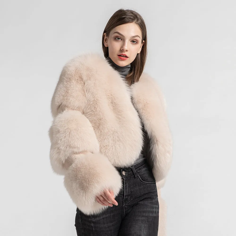 Women Real Fox Fur Coat Cropped Jacket