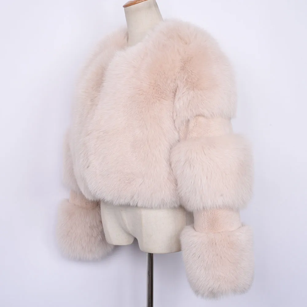 Women Real Fox Fur Coat Cropped Jacket