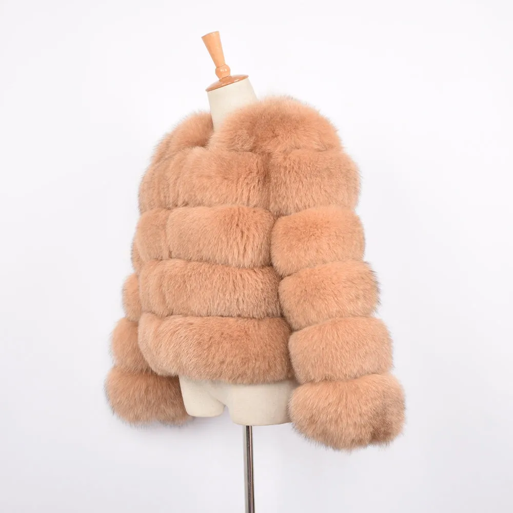 Women Real Fox Fur Coat Winter Saga Fur Full Sleeves Jacket Camel Outerwear