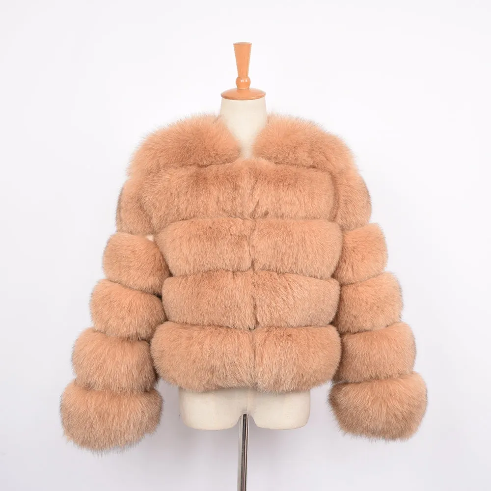Women Real Fox Fur Coat Winter Saga Fur Full Sleeves Jacket Camel Outerwear