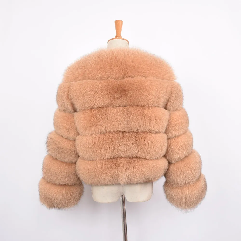 Women Real Fox Fur Coat Winter Saga Fur Full Sleeves Jacket Camel Outerwear