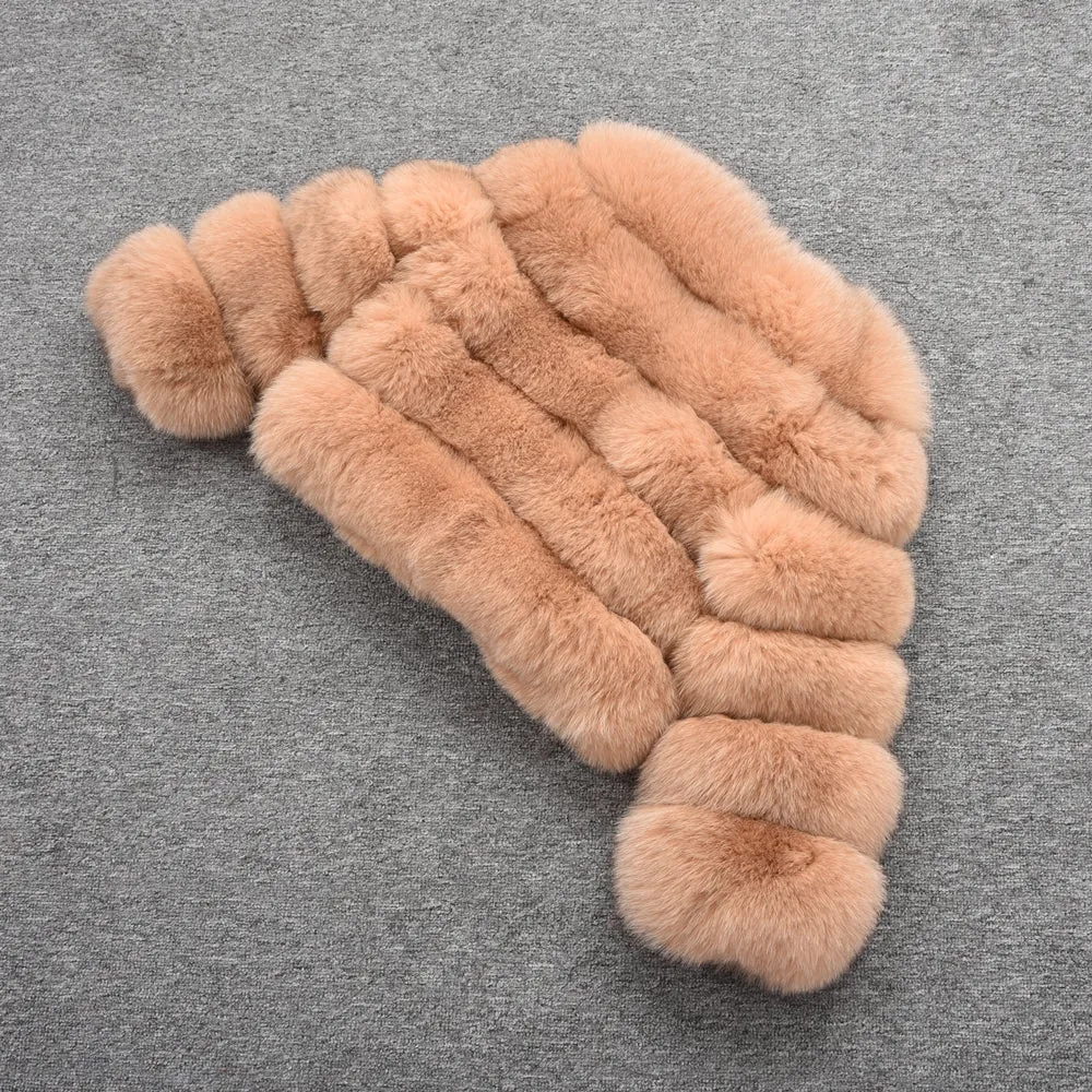 Women Real Fox Fur Coat Winter Saga Fur Full Sleeves Jacket Camel Outerwear