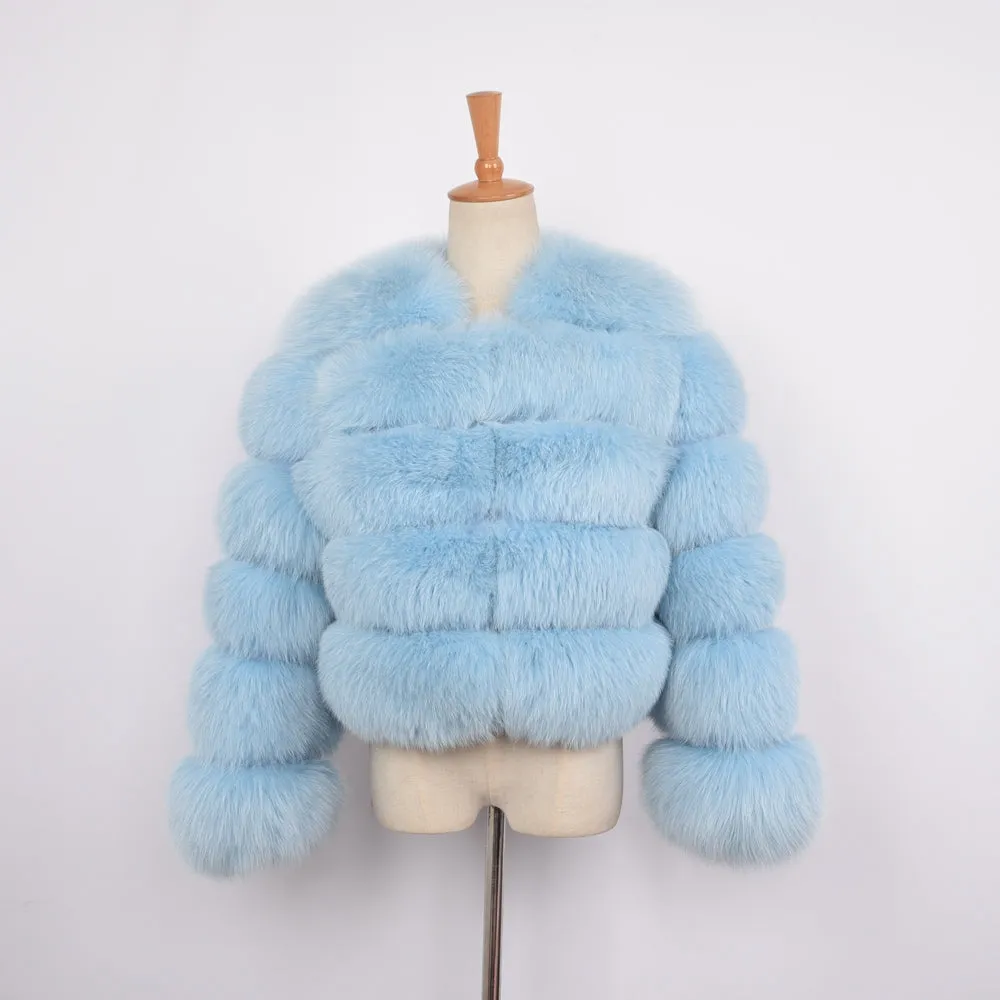Women Real Fox Fur Full Sleeves Coat Winter Saga Fur Jacket Light Blue Outerwear
