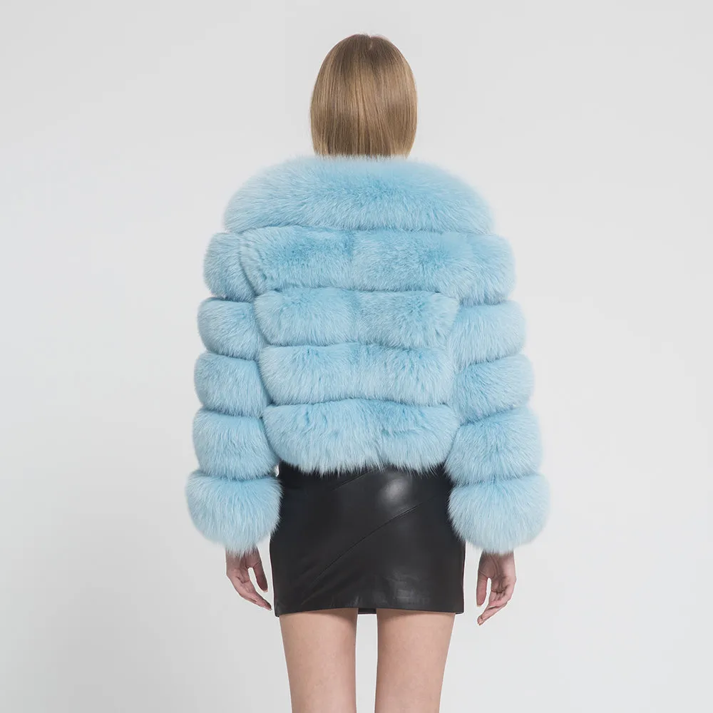 Women Real Fox Fur Full Sleeves Coat Winter Saga Fur Jacket Light Blue Outerwear